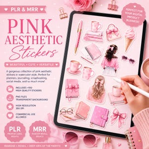 Puede incluir: Imagen de arte digital con pegatinas estéticas rosas en estilo acuarela. Las pegatinas incluyen un bolígrafo, tazas de café, libros, un bolso, un helado y una mujer con un lazo. El texto en la imagen dice "Pink Aesthetic Stickers".