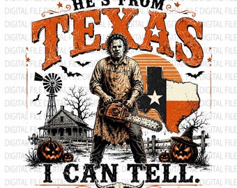 Hij komt uit Texas, dat zie ik zo (png), kettingzaag horror (png), Halloween slasher (png), Texas horror graphic (png), griezelig seizoen (png)