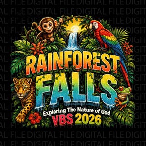 May include: Vibrant digital artwork depicting a rainforest scene with a monkey, parrot, and jaguar. The words "Rainforest Falls" are central, accompanied by "Exploring The Nature of God" and "VBS 2026".