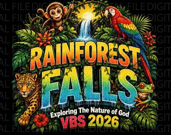 Rainforest Falls VBS 2026 Png, Exploring the Nature of God Png, Custom VBS Volunteer Png Jungle Bible School Png, Church Group Png