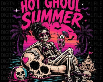 Hot ghoul Summer Halloween png, Halloween Beach Summerween-cocktail png, Summerween-skelet retro strandafbeelding grappig Halloween, png