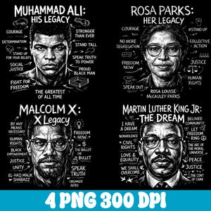 May include: Black and white graphic art print featuring portraits of Muhammad Ali, Rosa Parks, Malcolm X, and Martin Luther King Jr. Each portrait is accompanied by related words and phrases on a black background.