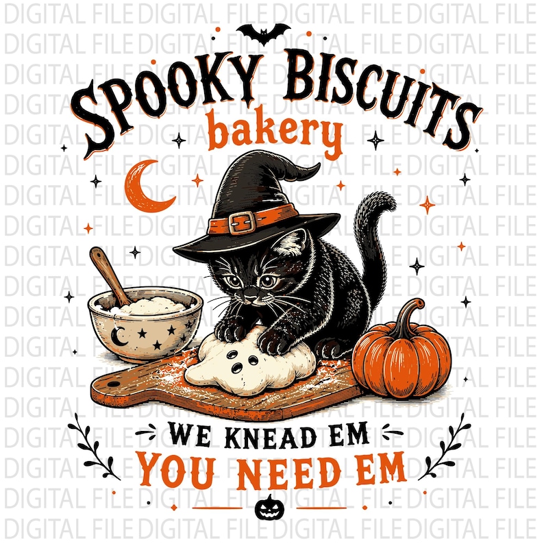 Op de afbeelding: Een digitale illustratie van een zwarte kat met een heksenhoed die deeg kneedt op een houten plank naast een mengkom en een oranje pompoen. De tekst luidt SPOOKY BISCUITS bakery WE KNEAD EM YOU NEED EM met sterren en een halve maan.