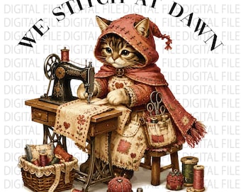 Nous cousons à l'aube Png, Chat à courtepointe drôle Png, Kitty amateur de couture Design Png, Bricolage humour graphique png, Quilter téléchargement