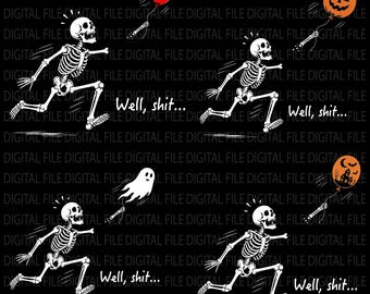 Skelet met verloren ballon (PNG), grappig skelet (PNG), Halloween shirt ontwerp met zwarte humor (PNG), gotische sarcastische sublimatie
