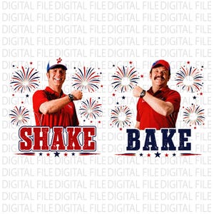 Pode incluir: Um gráfico digital com duas pessoas vestindo camisas polo vermelhas e bonés de beisebol, cada uma com o punho levantado. O lado esquerdo exibe o texto vermelho SHAKE e o lado direito o texto azul BAKE, rodeados por fogos de artifício vermelhos e azuis.