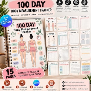 May include: A 15-page 100-day body measurement tracker digital download featuring a spiral-bound planner cover with illustrations of two figures, measurement labels, and various tracking templates including habit, meal, water, and workout planners.