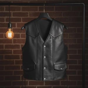 Puede incluir: Un chaleco de cuero negro con cuello en V, dos bolsillos delanteros y botones plateados. El chaleco está colgado de una percha negra sobre un fondo de pared de ladrillo. El diseño del chaleco es clásico y atemporal.
