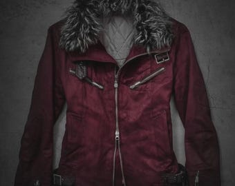 Rote Kraven Style Pelz-Velourlederjacke für Herren – Luxus-Wintermantel mit Kunstpelzkragen, Statement Biker Oberbekleidung