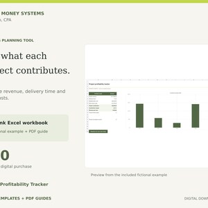 May include: A digital business planning tool titled Project Profitability Tracker by Simple Money Systems and Lori Aiello, CPA. It includes a blank Excel workbook, a fictional example, and a PDF guide to compare revenue, delivery time, and costs.