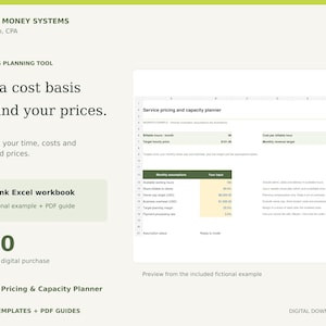 May include: A digital business planning tool titled Simple Money Systems by Lori Aiello, CPA. It includes a blank Excel workbook, a fictional example, and a PDF guide. The interface displays a service pricing and capacity planner spreadsheet.