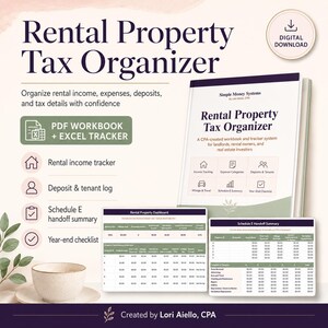 Puede incluir: Una descarga digital titulada "Rental Property Tax Organizer". La imagen presenta un libro de trabajo y un sistema de seguimiento para propietarios, arrendatarios e inversores inmobiliarios. La portada muestra el título, y la imagen incluye gráficos y una taza de café.