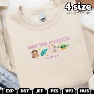 May include: Cream-colored sweatshirt with embroidered "MAY THE FORCE be with you" text and Star Wars character designs. The design includes Chewbacca, a lightsaber, BB-8, and Grogu. The sweatshirt is available in sizes 4", 5", 7", and 9".