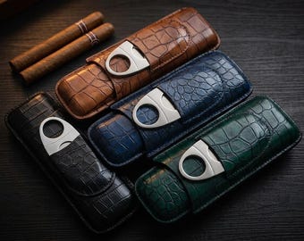 Cigarretui i krokodilskinn med kniv | Resecigarrhållare | Present till honom | Cigartillbehör | Present till marskalk