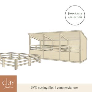 May include: A digital illustration of a farmhouse style horse stable with a roof and three stalls. The stable is made of wood and has a light brown colour. There is a small fenced-in area in front of the stable.