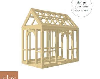 May include: A digital illustration of a wooden dollhouse greenhouse extension. The greenhouse has a gabled roof and arched doorways. The text "design your own DOLLHOUSE" is in a circle at the top of the image.