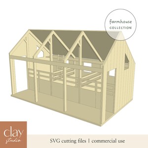May include: A light beige, three-dimensional model of a farmhouse, with a gabled roof and open-air design. The image includes the text "farmhouse collection" and "SVG cutting files | commercial use".