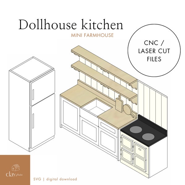 Dollhouse Miniature Kitchen, 3mm Scale 1:12 Model, SVG for CNC or Laser Cutting Machine, DIY Toy Plans, Digital Download