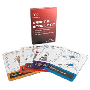 Könnte beinhalten: Ein Fitness-Trainingsset mit einer rot-schwarzen Box mit der Aufschrift "KRAFT & STABILITÄT" und Übungskarten. Die Karten zeigen Illustrationen von Übungen wie Armkreisen, Kniebeugen und Kniebeugen. Das Set beinhaltet eine 3-Tage-Routine.