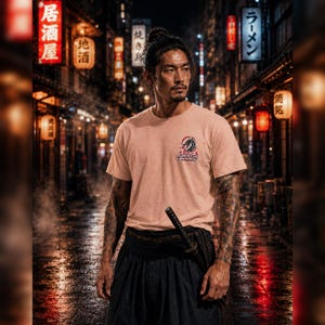 American Bushido brand Seven Virtues T-Shirt, Japanese Kanji Dragon Tiger Martial Arts Tee