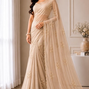 Champagne Beige Georgette Saree | Hand-Embroidered Floral Designer Party Wear Wedding Guest Saree
