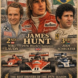 May include: A vintage-style poster titled 1976 TOP 3 DRIVERS featuring portraits of Niki Lauda, James Hunt, and Jody Scheckter. The design includes the Austrian and Brazilian flags, race car illustrations, and text detailing the 1976 season results.