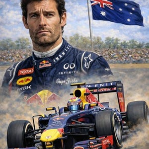 May include: A poster featuring a portrait of Mark Webber above a Formula One race car in motion. The car is dark blue, red, and yellow with Red Bull, Infiniti, and Total branding. An Australian flag flies in the background under a blue sky.