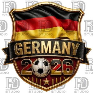 May include: A shield-shaped emblem with the German flag in black, red, and gold. The word "GERMANY" is in gold on a black banner. Below, a football is centered above the numbers "2026". A gold star is at the bottom.