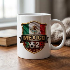 Puede incluir: Taza de cerámica blanca con un diseño que presenta la bandera mexicana, la palabra "MEXICO", un balón de fútbol y el año "2026". El diseño tiene forma de escudo con ribete dorado. La taza tiene un asa curva.