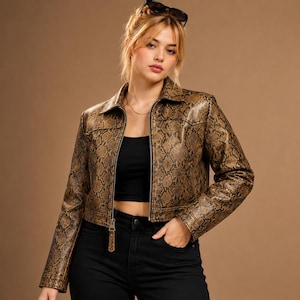 Snakeskin Leather Jacket Women | Brown Python Print Cropped Pakistan Genuine Leather Jacket Women | Handmade Cool Leather Jacket Gift For He