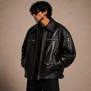 Men's Black Python Embossed Leather Jacket | Genuine Pakistani Luxury Streetwear Coat