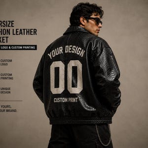Custom Python Print Leather Jacket Men | Your Logo & Number | Genuine Pakistani Leather | Oversized Personalized Streetwear Coat