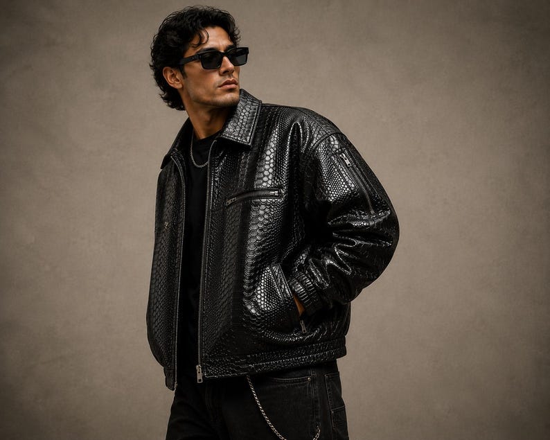 Men’s oversized black python embossed leather jacket with glossy reptile texture, luxury streetwear fashion jacket with premium designer aesthetic.