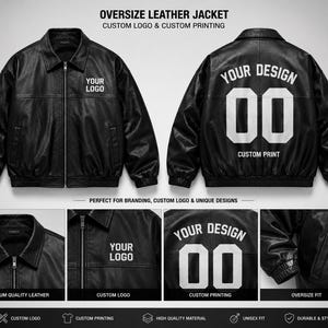 Men’s black oversized python leather jacket with personalized custom print and logo design for luxury streetwear brands