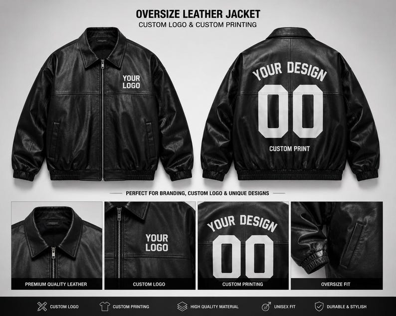 Men’s black oversized python leather jacket with personalized custom print and logo design for luxury streetwear brands