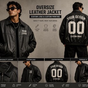 Men’s black oversized python leather jacket with personalized custom print and logo design for luxury streetwear brands