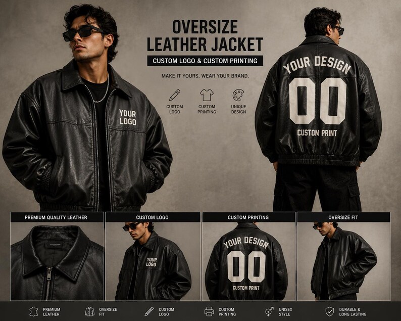 Men’s black oversized python leather jacket with personalized custom print and logo design for luxury streetwear brands