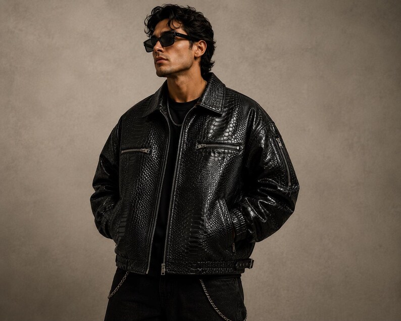 Men’s oversized black python embossed leather jacket with glossy reptile texture, luxury streetwear fashion jacket with premium designer aesthetic.
