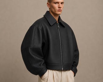 Matzwart oversized leren jack voor heren | Kort boxy jack van rundleer | Luxe streetwear leren jas | Handgemaakt cadeau voor hem Aangepast formaat