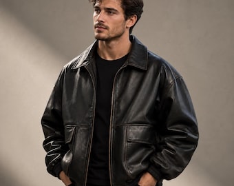 Schwarze Oversize-Bomberjacke aus Leder für Herren | Lederjacke aus Pakistan | Lässiger Biker-Mantel | Echtes Leder – das perfekte Geschenk für ihn