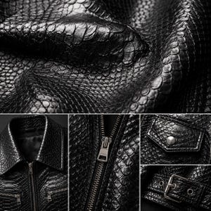 Men’s black oversized python leather jacket with personalized custom print and logo design for luxury streetwear brands