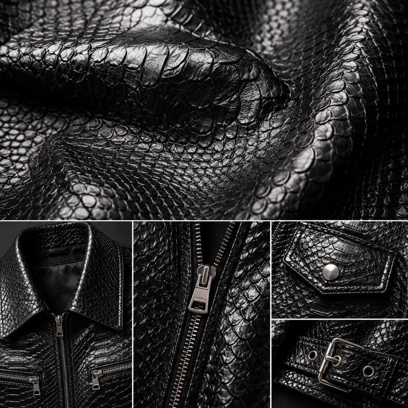 Men’s black oversized python leather jacket with personalized custom print and logo design for luxury streetwear brands