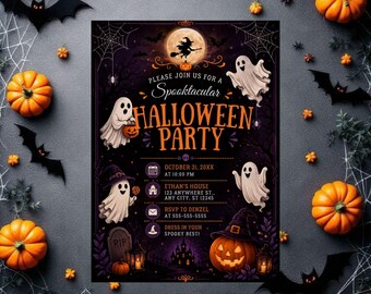 Cute Ghost Halloween Invitation, Spooky Birthday Party Invite, Editable Canva Template, Printable Halloween Digital Download