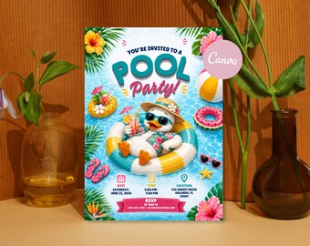 Cute Cat Pool Party Invitation, Kids Summer Pool Birthday Invite, Editable Canva Cat Birthday Template, Digital Download