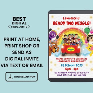 May include: A digital birthday invitation for Lawrence's 2nd birthday featuring The Wiggles characters in a red car under a rainbow. Text includes: Lawrence is READY TWO WIGGLE!, PLEASE JOIN US TO CELEBRATE LAWRENCE'S 2ND BIRTHDAY, 28 October 2023, 12pm-3pm, 123 Rainbow Avenue, Cloud City, RSVP Emily at (123) 456-7890.