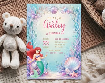 Ariel Birthday Invitation Template, Little Mermaid Princess Party Invite, Under the Sea Editable Canva Birthday Digital Download