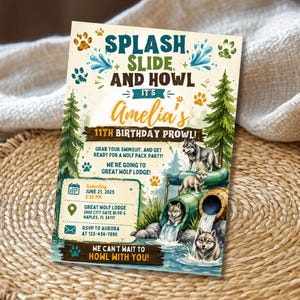 Great Wolf Lodge Birthday Invitation Template, Water Park Birthday Party Invite, Editable Canva Digital Download
