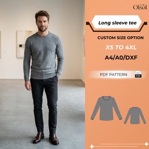 Puede incluir: Un patrón de costura digital en PDF para una camiseta de manga larga, con etiquetas de texto para opciones de tamaño personalizado de XS a 4XL y formatos de archivo A4, A0 y DXF. El gráfico incluye una ilustración técnica y la marca Craft Olsol.
