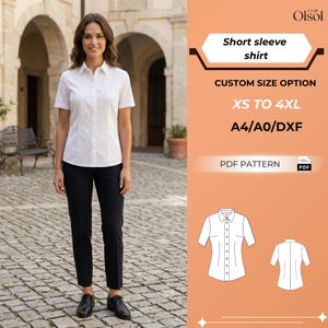 May include: A woman wearing a white short-sleeve shirt and black pants. The shirt has a button-down design. The image includes text that says "Short sleeve shirt", "XS TO 4XL", and "PDF PATTERN".