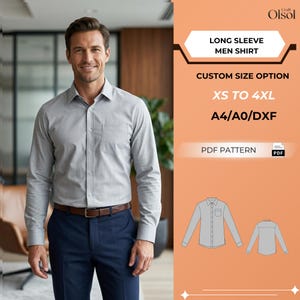 May include: A man in a light grey long-sleeved shirt with a chest pocket, navy trousers, and a brown belt. The image includes text: "LONG SLEEVE MEN SHIRT" and "XS TO 4XL". The shirt is a PDF pattern, with sizes available.